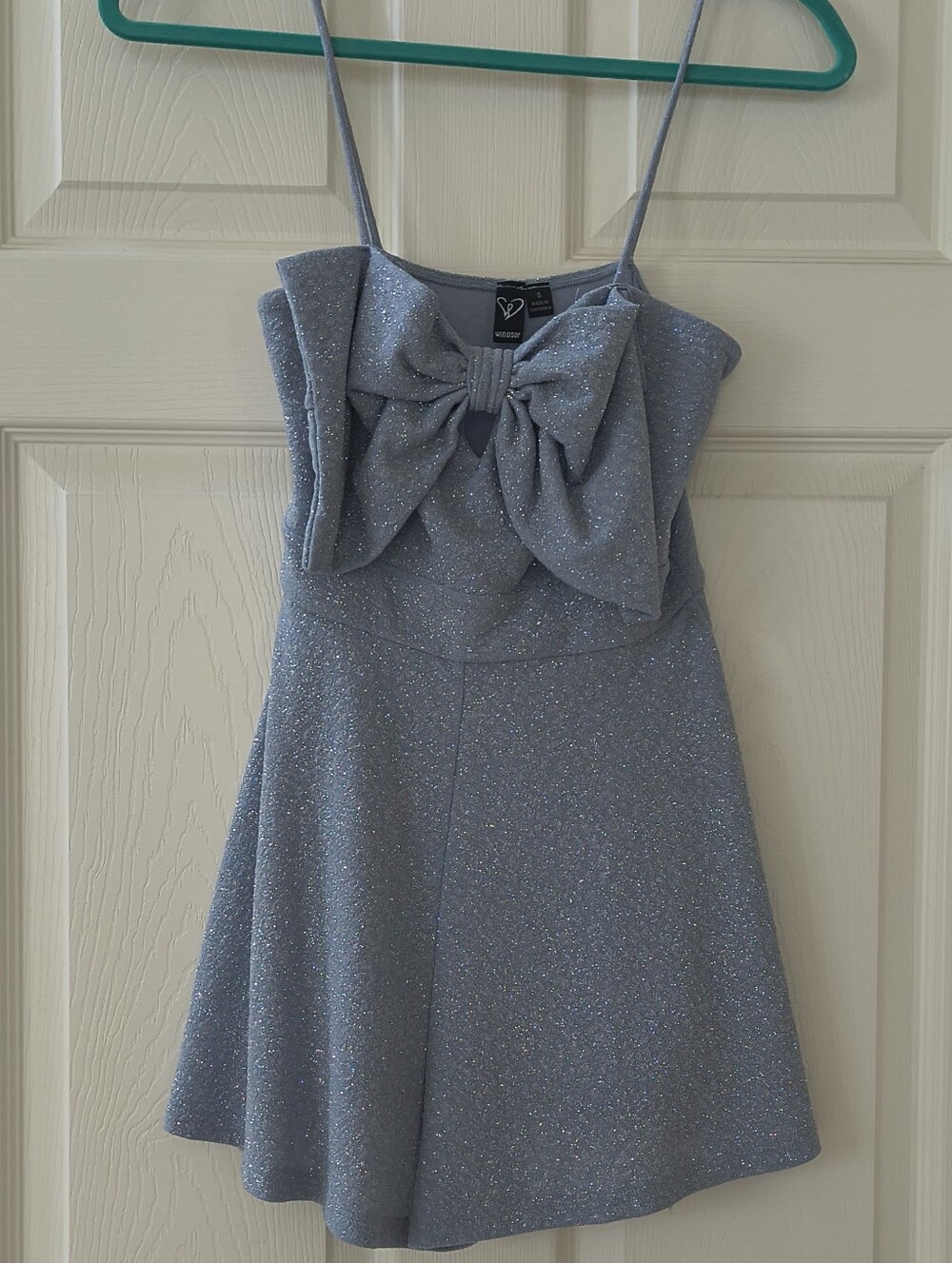 Windsor Sparkly Blue Grey Dressy Bow Romper | Size Small